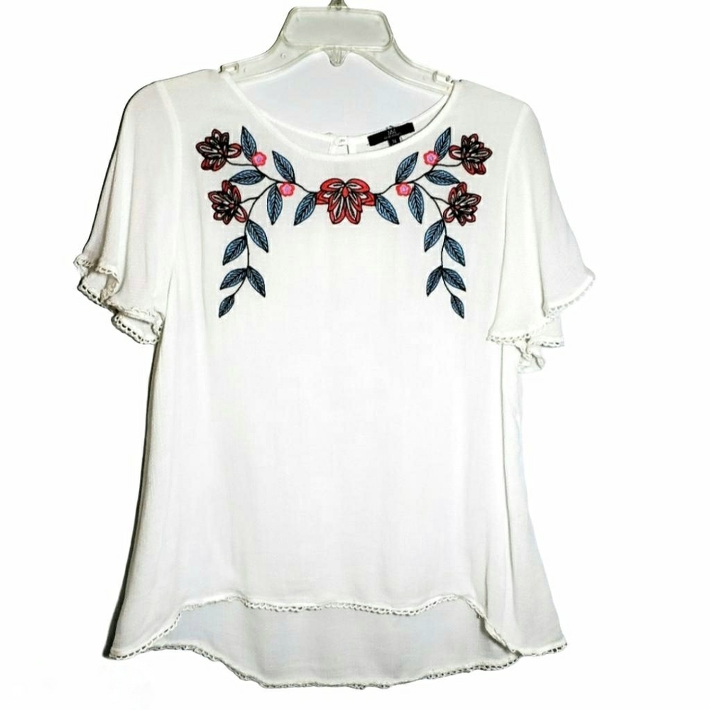White Peasant Blouse Floral Applique Short Flutter Sleeve Size M